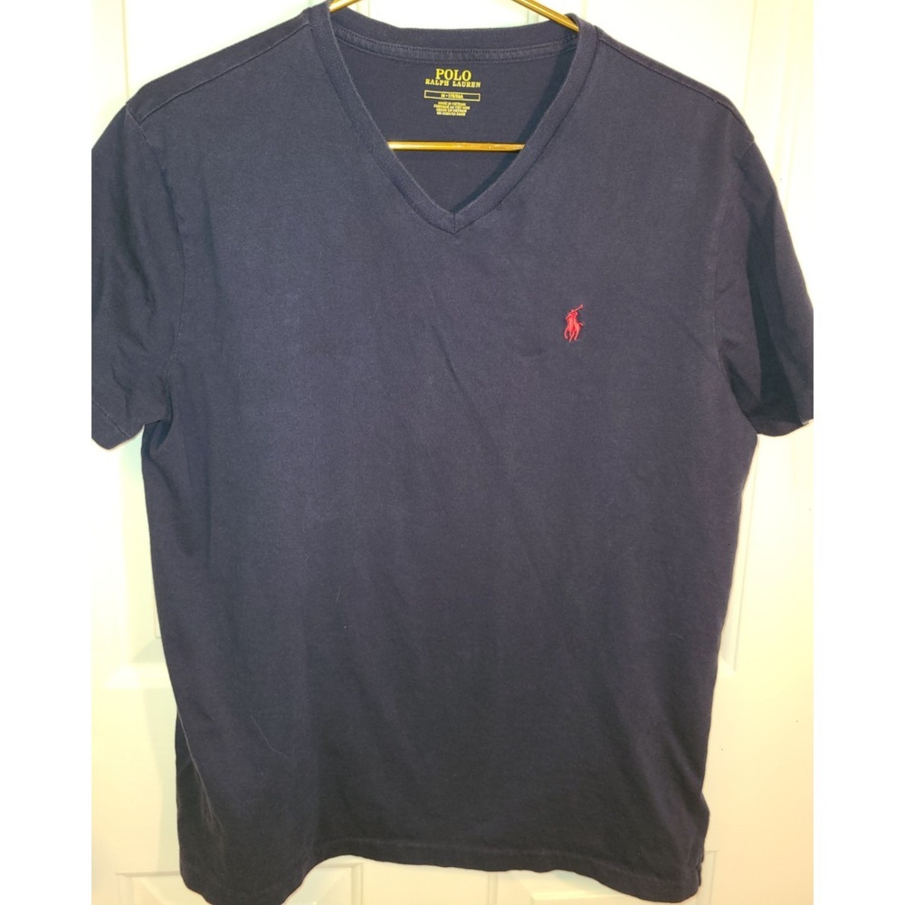 Polo Ralph Lauren T Shirt Men Medium Blue V Neck Red Pony Preppy Casual Summer